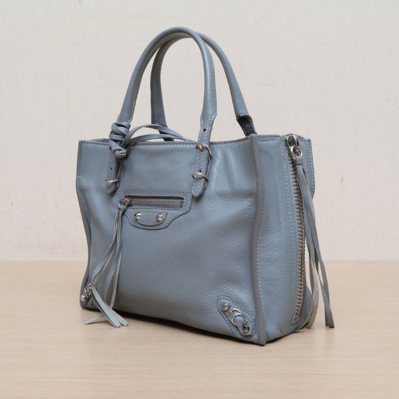 BALENCIAGA CLASSIC機車包雙側拉鏈敞口包小號霧霾藍牛皮銀扣肩背包-4