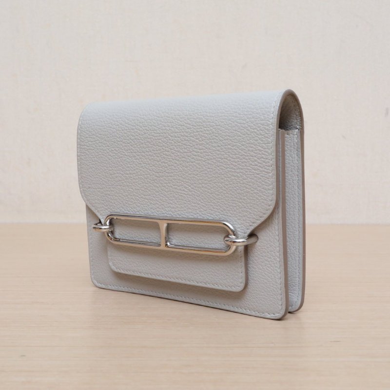 HERMES Roulis豬鼻子Slim錢包80珍珠灰EC皮Y刻銀扣肩背包-2