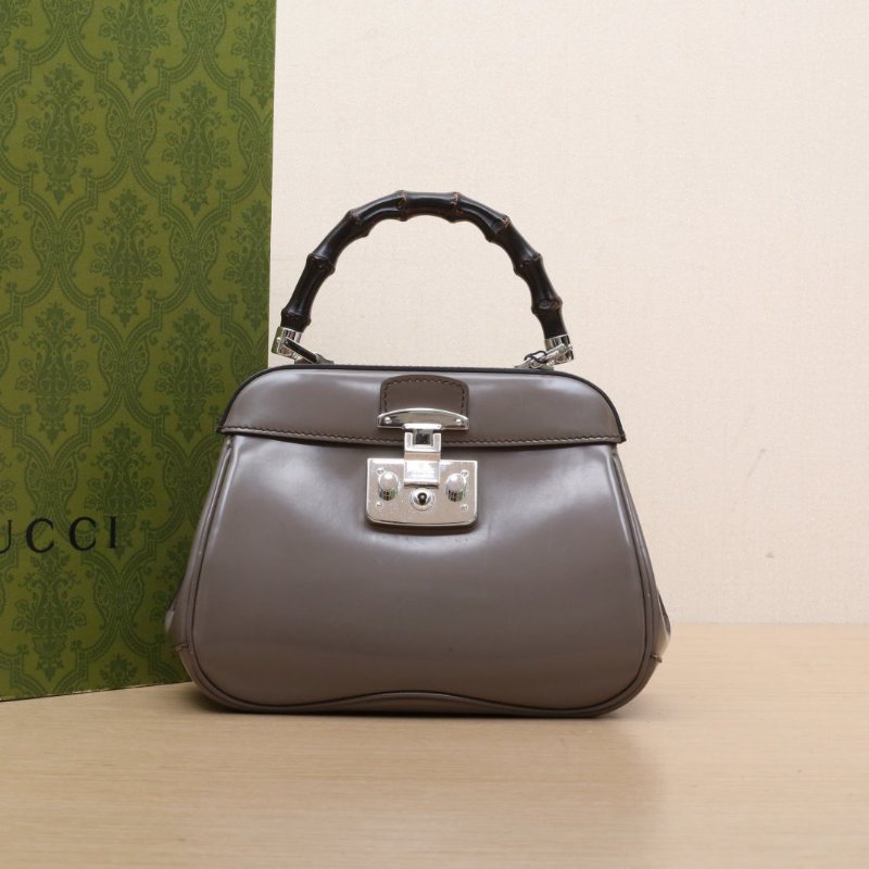 GUCCI Ladylock竹節手柄手提單肩包迷你23灰色牛皮銀扣肩背包-0