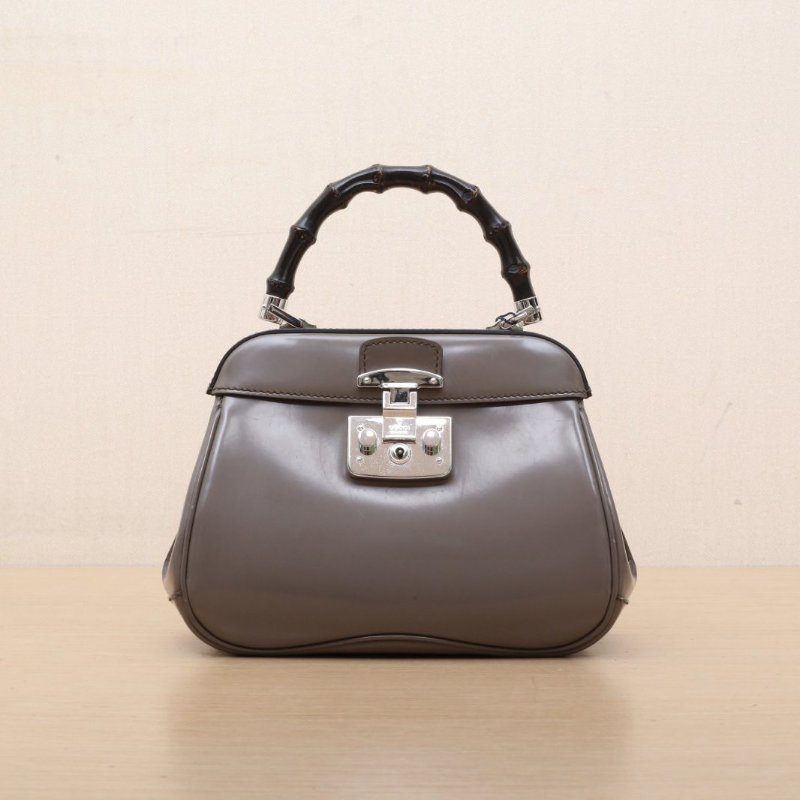 GUCCI Ladylock竹節手柄手提單肩包迷你23灰色牛皮銀扣肩背包-1