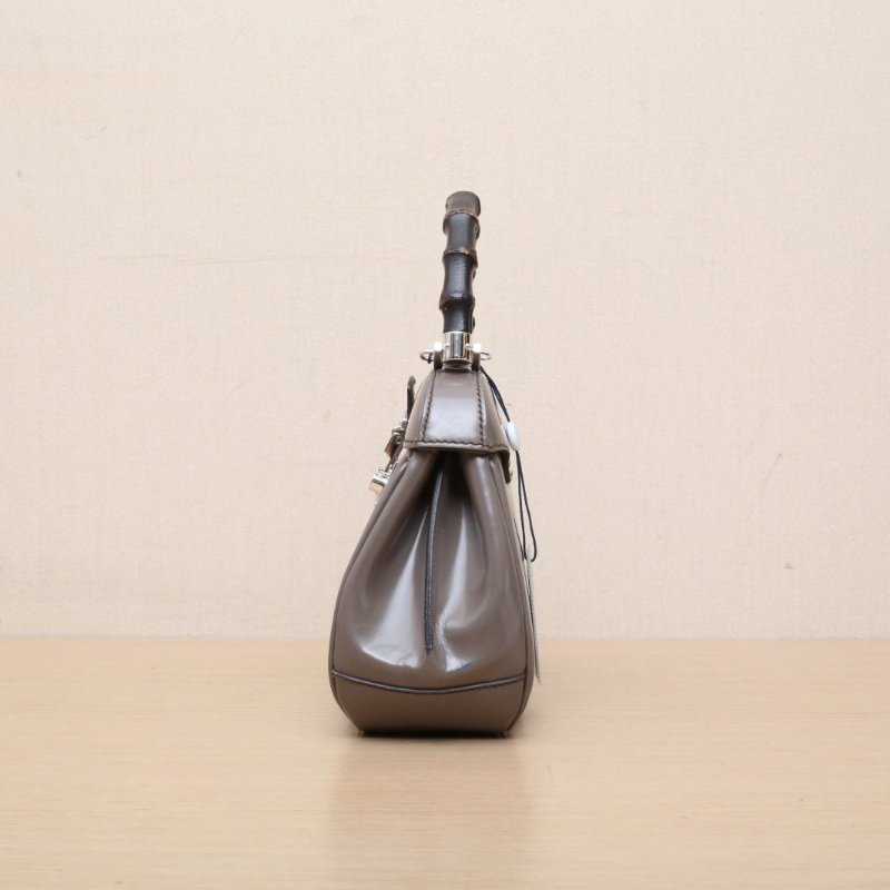 GUCCI Ladylock竹節手柄手提單肩包迷你23灰色牛皮銀扣肩背包-4