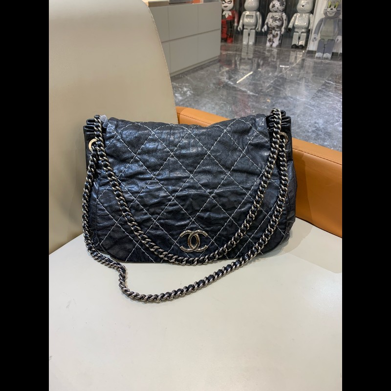 Chanel 香奈兒 黑銀外縫線 機場南瓜鏈條包-0
