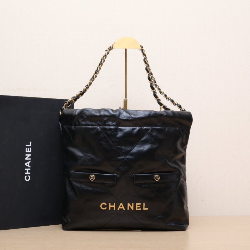 CHANEL 22Bag雙口袋Tote托特包小號30黑色牛皮晶片開金扣肩背包-0