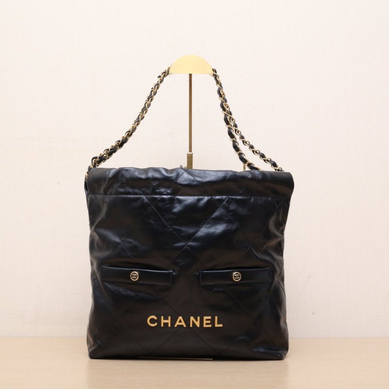 CHANEL 22Bag雙口袋Tote托特包小號30黑色牛皮晶片開金扣肩背包-1