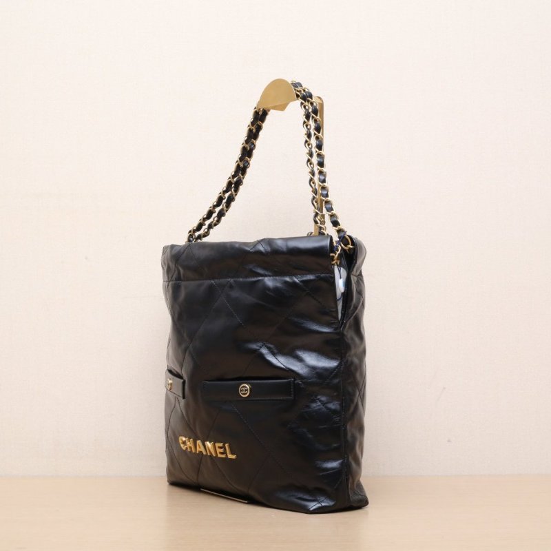 CHANEL 22Bag雙口袋Tote托特包小號30黑色牛皮晶片開金扣肩背包-4