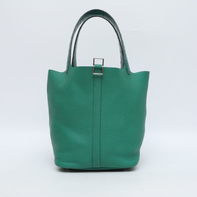 HERMES U4絲絨綠O6帝王綠TC皮正方塊鱷魚皮C刻銀扣愛馬仕hermesPicotin22菜籃子拼/肩背包-0