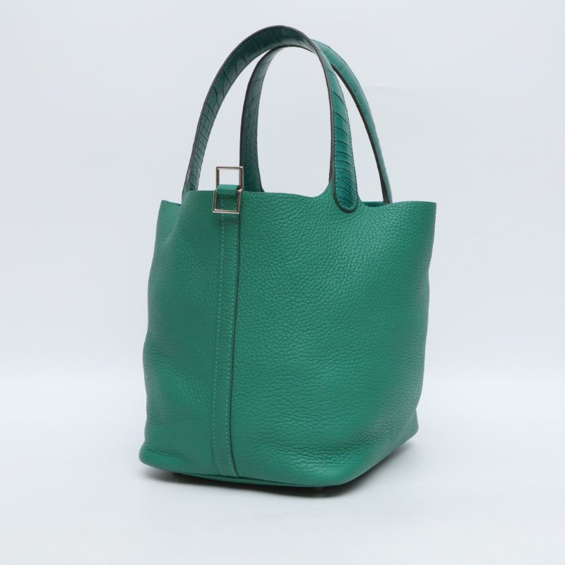 HERMES U4絲絨綠O6帝王綠TC皮正方塊鱷魚皮C刻銀扣愛馬仕hermesPicotin22菜籃子拼/肩背包-2