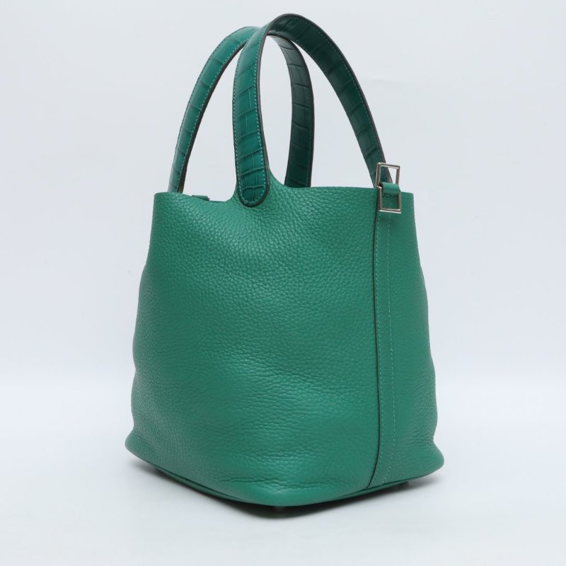 HERMES U4絲絨綠O6帝王綠TC皮正方塊鱷魚皮C刻銀扣愛馬仕hermesPicotin22菜籃子拼/肩背包-3