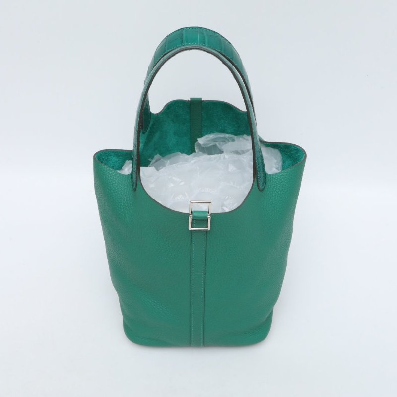 HERMES U4絲絨綠O6帝王綠TC皮正方塊鱷魚皮C刻銀扣愛馬仕hermesPicotin22菜籃子拼/肩背包-4
