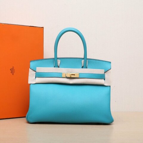 HERMES Birkin307F孔雀藍Epsom皮X刻金扣肩背包