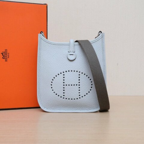 HERMES EvelyneMini168F錫器灰拼08聖杯藍TC皮W刻銀扣肩背包