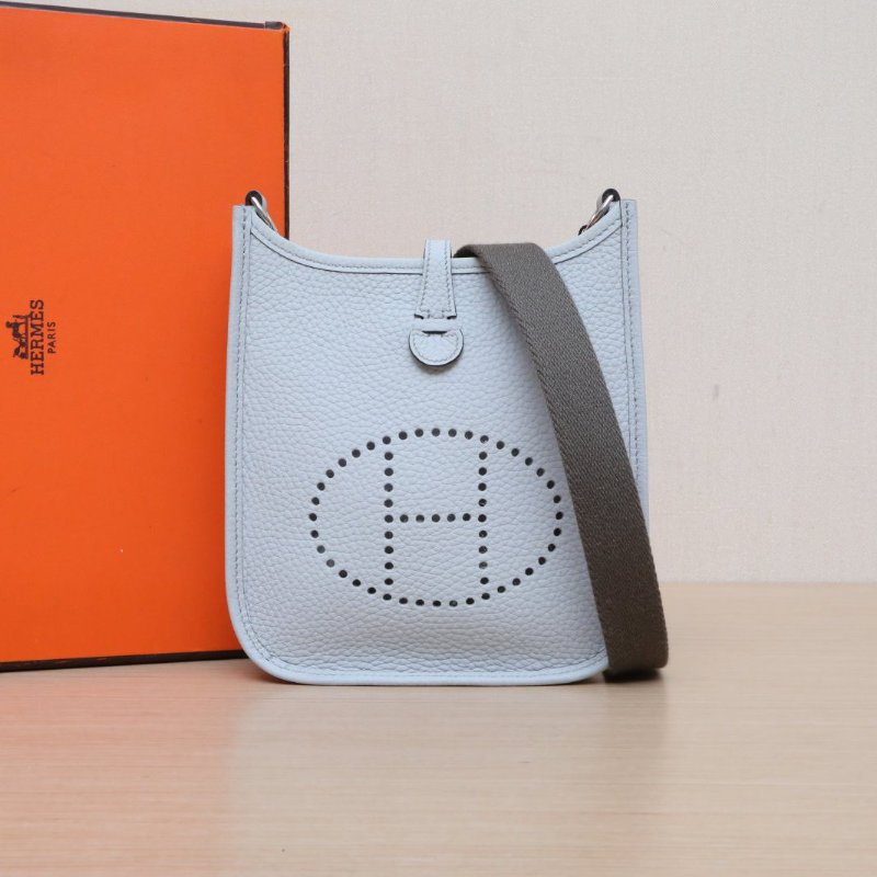 HERMES EvelyneMini168F錫器灰拼08聖杯藍TC皮W刻銀扣肩背包-0