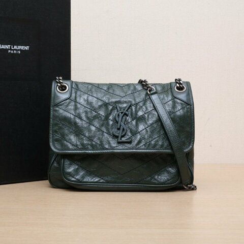 SAINT LAURENT Niki中號28D扣綠色牛皮銀扣肩背包
