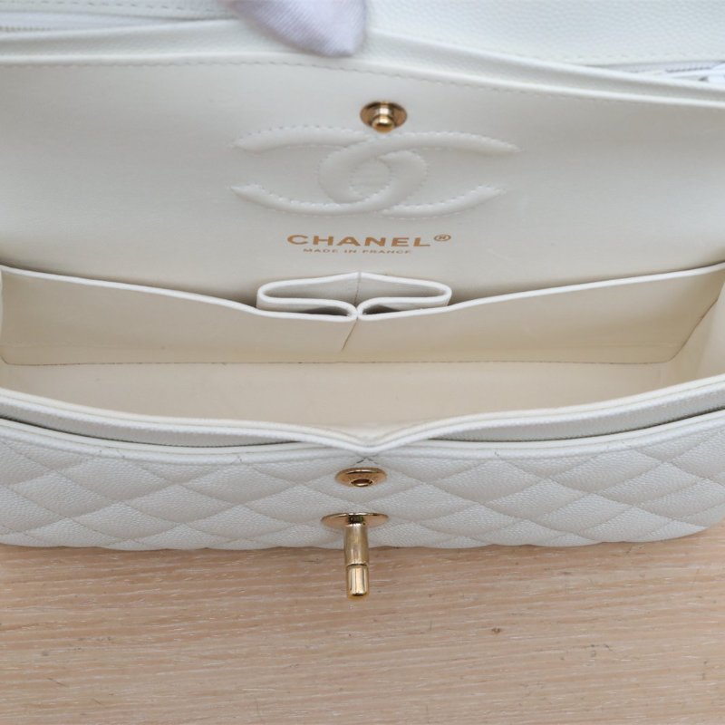 CHANEL CF口蓋包小號23白色荔枝牛皮晶片開淺金扣菱格紋肩背包-2