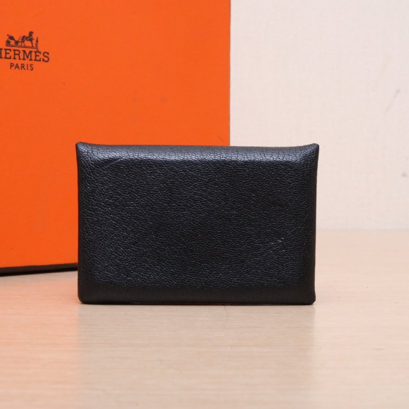 HERMES Calvi卡包89黑色Chevre山羊皮D刻銀扣肩背包-0