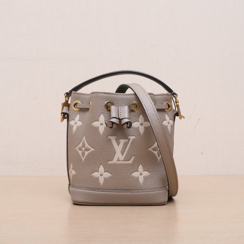 LOUIS VUITTON NOÉ水桶包Nano13可拆卸肩帶大象灰牛皮金扣晶片老花壓紋肩背包-1