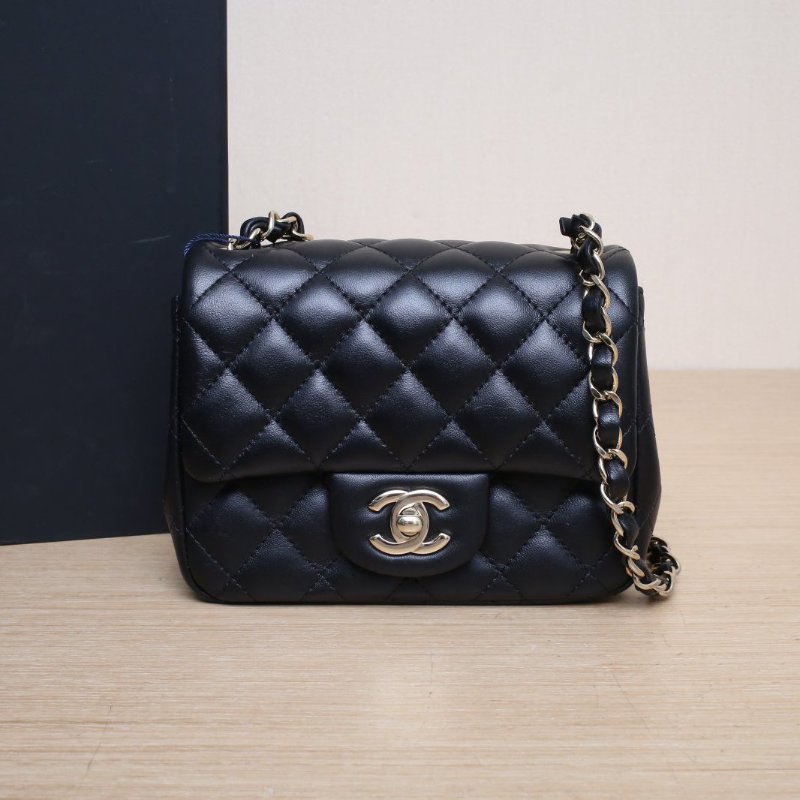 CHANEL CF口蓋包方胖子17黑色羊皮晶片開淺金扣肩背包-0