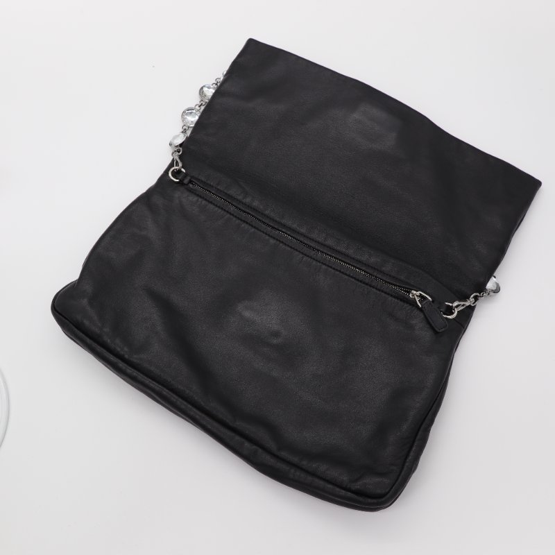 MiuMiu 繆繆 Crystal Embellished Flap 黑色羊皮皺褶 寶石鏈條 鏈條包 手拿包-3