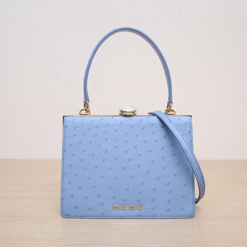 MIU MIU 藍色鴕鳥皮寶石小方包手提斜挎包肩背包-1