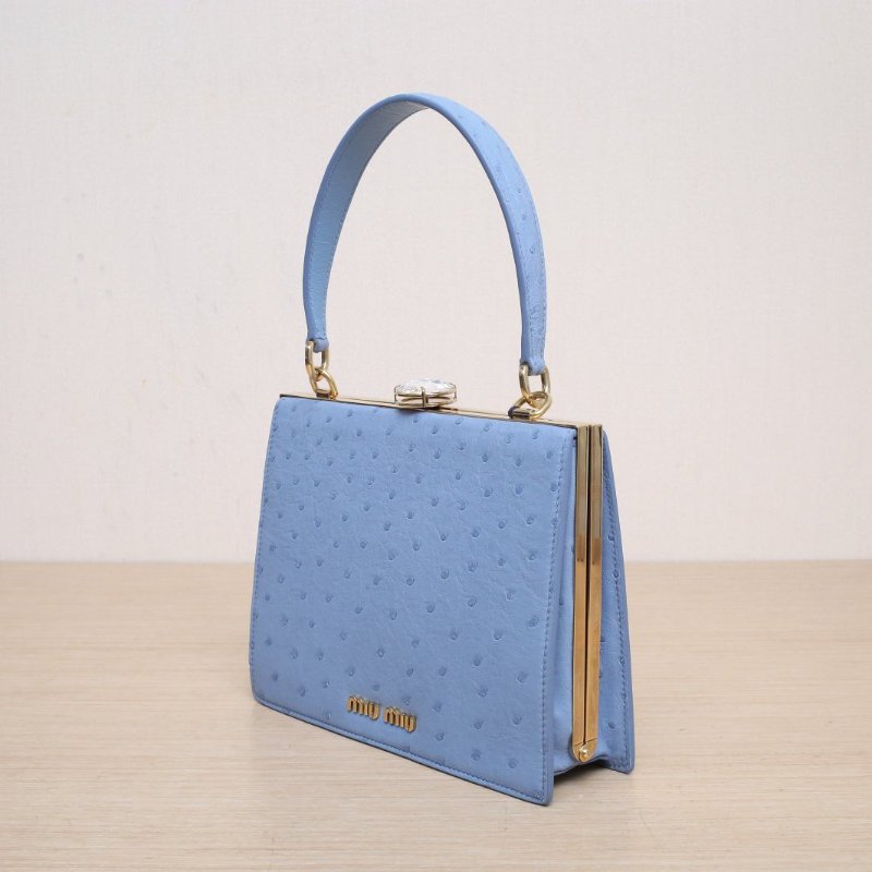 MIU MIU 藍色鴕鳥皮寶石小方包手提斜挎包肩背包-4
