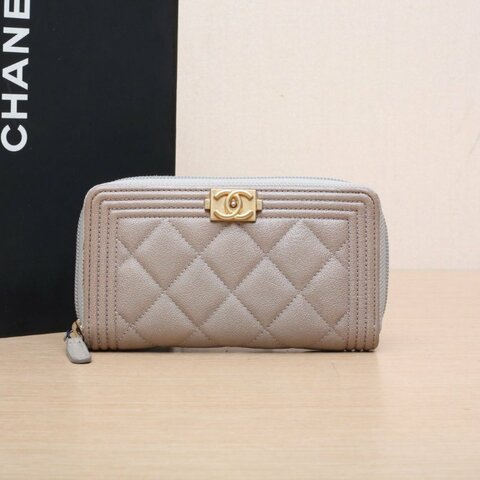 CHANEL 灰色荔枝牛皮27開金扣leboy拉鏈短款錢包卡包肩背包