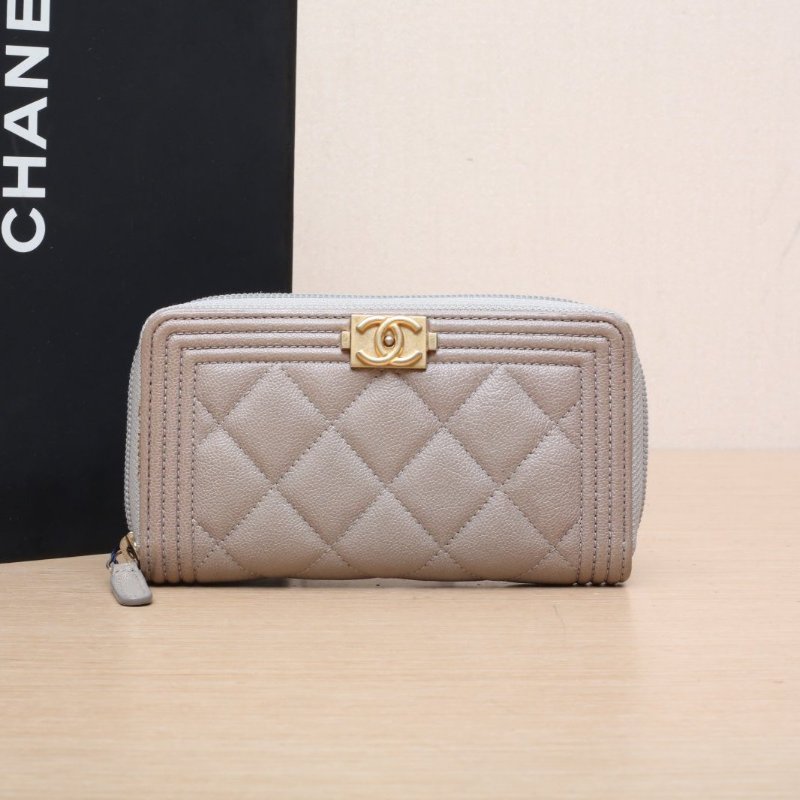 CHANEL 灰色荔枝牛皮27開金扣leboy拉鏈短款錢包卡包肩背包-0