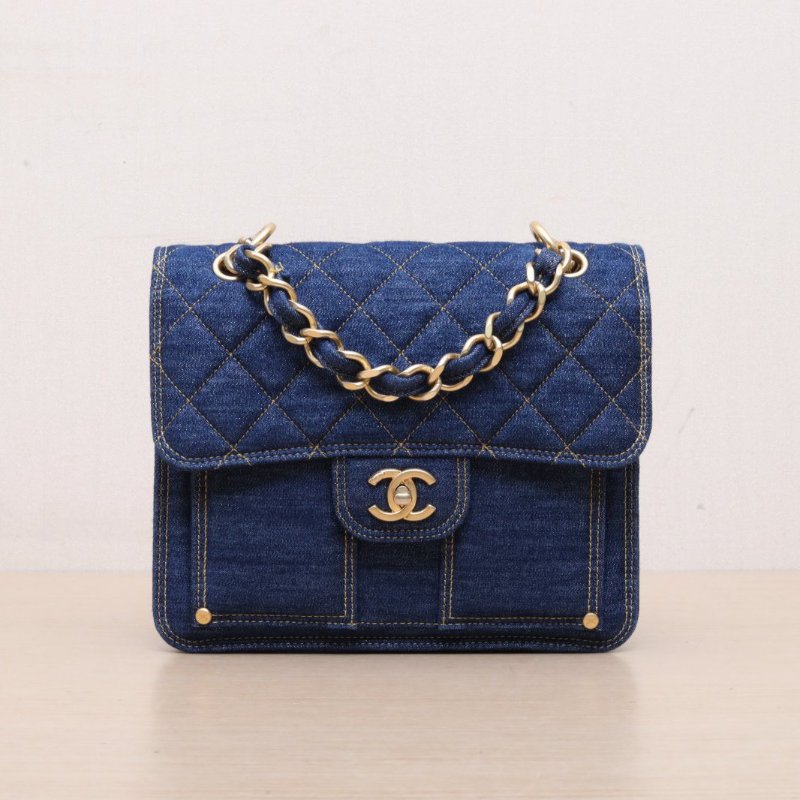 CHANEL 23S手柄雙肩包25藍色牛仔晶片開金扣肩背包-1