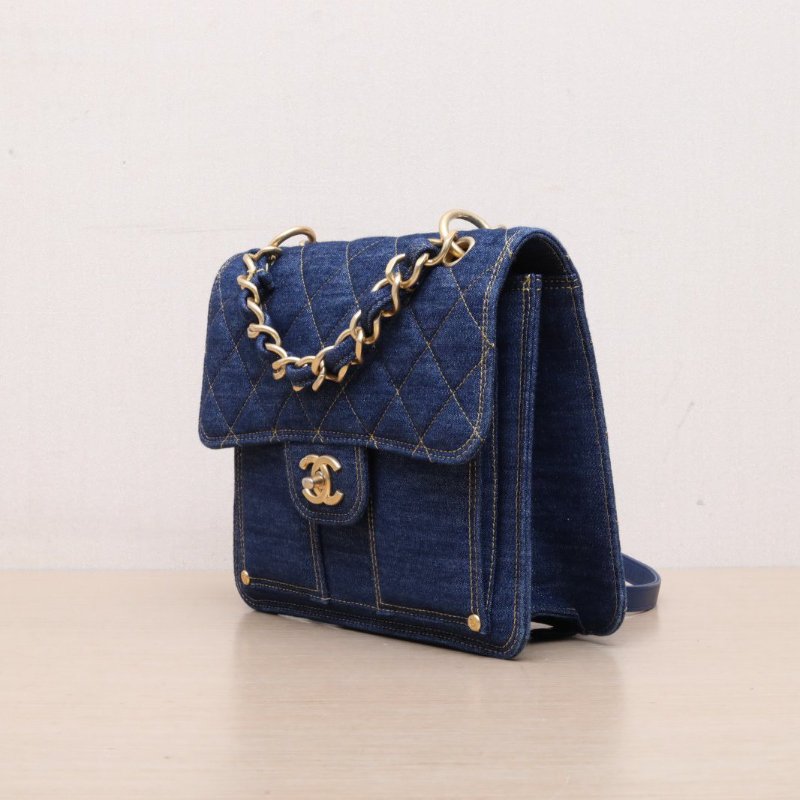 CHANEL 23S手柄雙肩包25藍色牛仔晶片開金扣肩背包-4