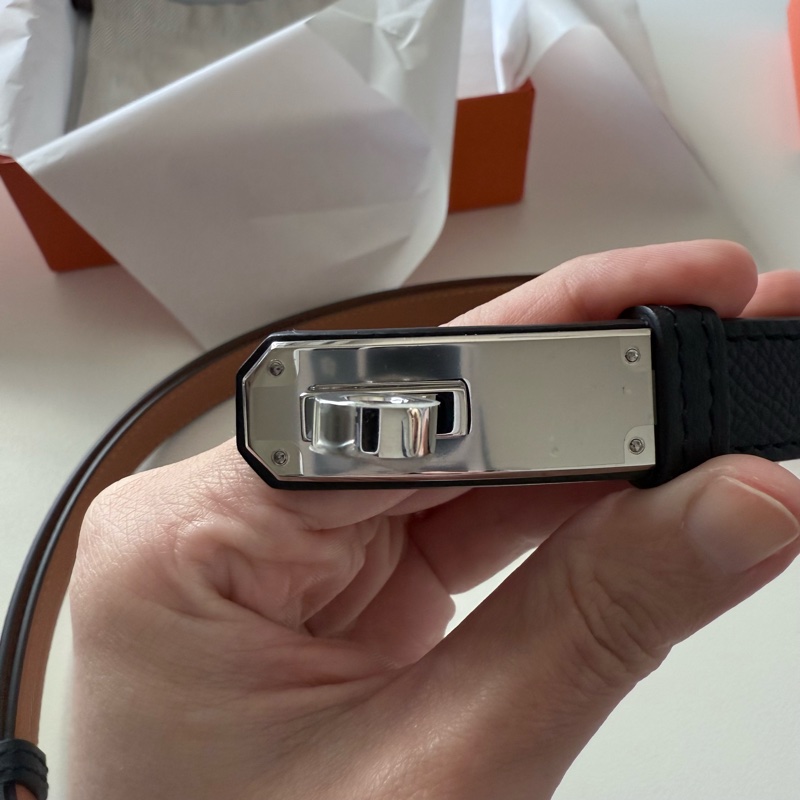 Hermes Kelly 黑銀皮帶-12
