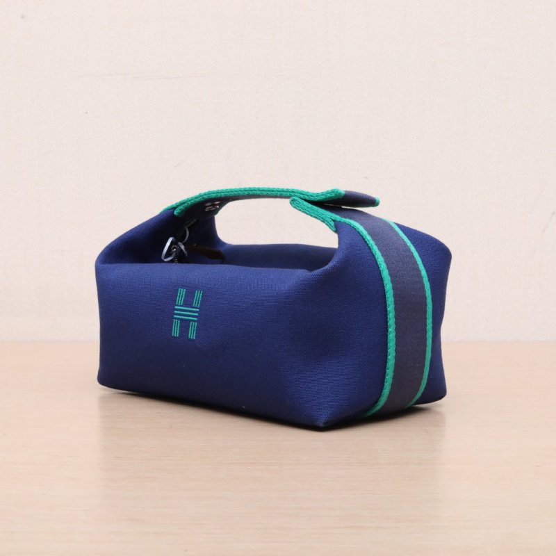 HERMES Bride-a-Brac飯盒包小號217U海軍藍棉銀扣肩背包-2