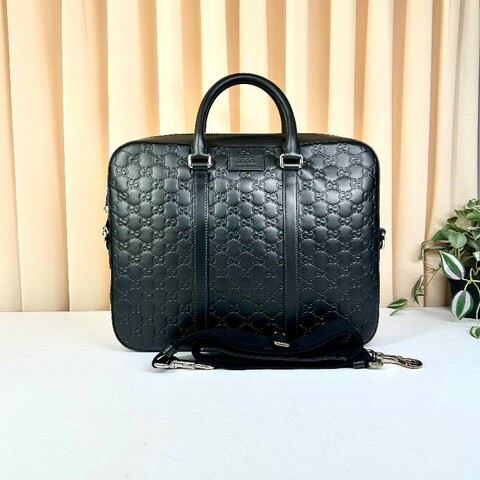 GUCCI 黑色全皮壓紋電腦公事包 可拆卸肩帶