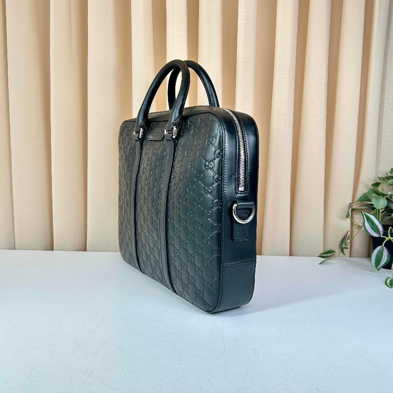 GUCCI 黑色全皮壓紋電腦公事包 可拆卸肩帶-3
