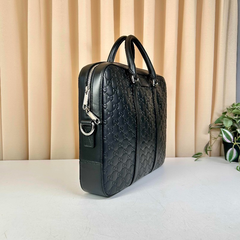GUCCI 黑色全皮壓紋電腦公事包 可拆卸肩帶-4