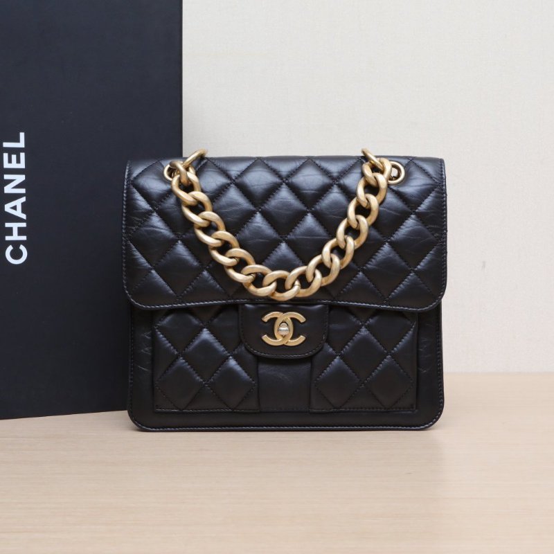 CHANEL 23S手柄雙肩包25黑色牛皮牛皮晶片開金扣肩背包-0