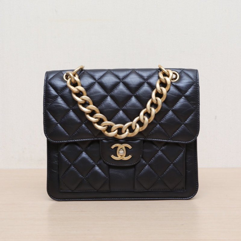 CHANEL 23S手柄雙肩包25黑色牛皮牛皮晶片開金扣肩背包-1