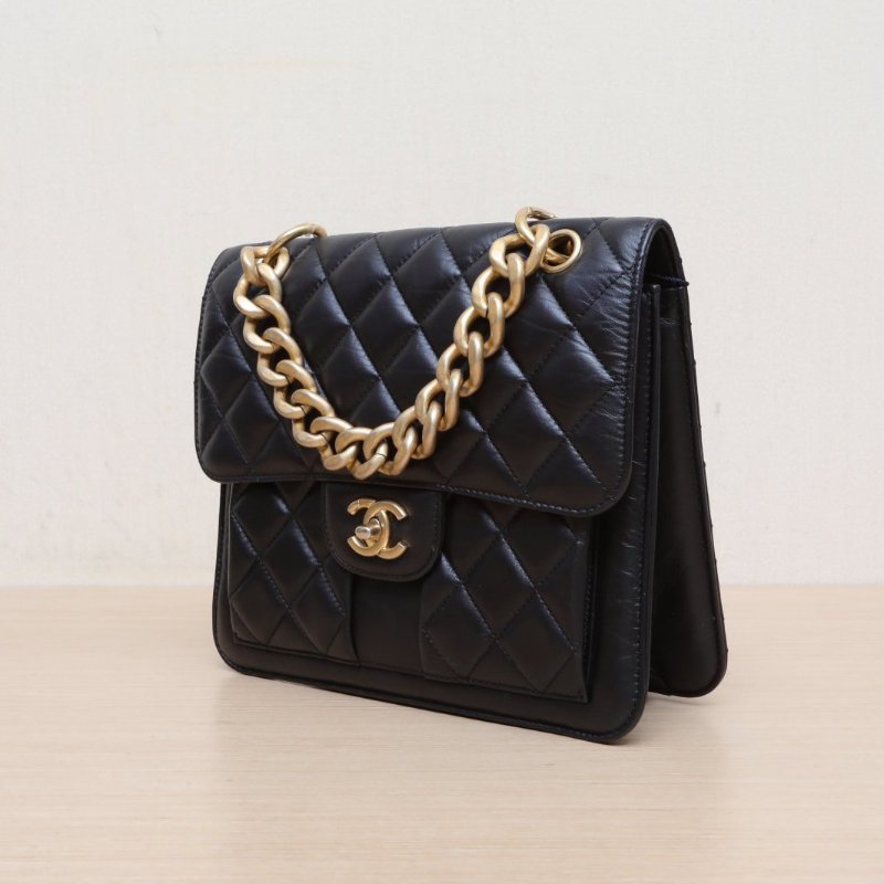 CHANEL 23S手柄雙肩包25黑色牛皮牛皮晶片開金扣肩背包-4