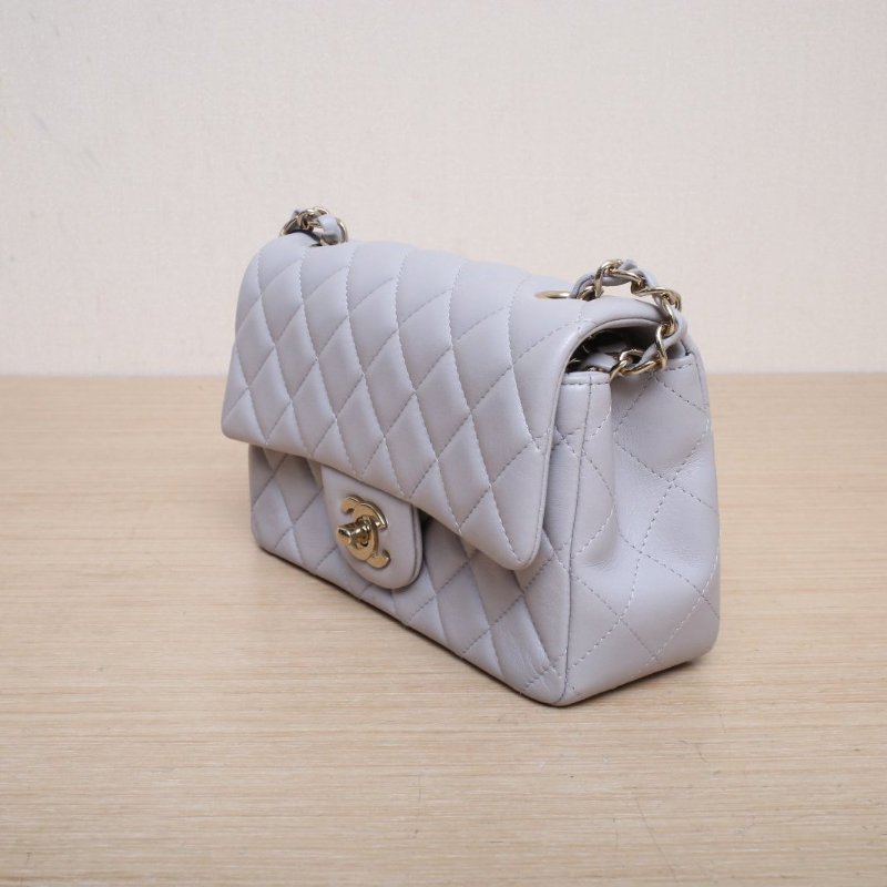 CHANEL CF口蓋包大Mini20灰色羊皮晶片開淺金扣菱格紋肩背包-4