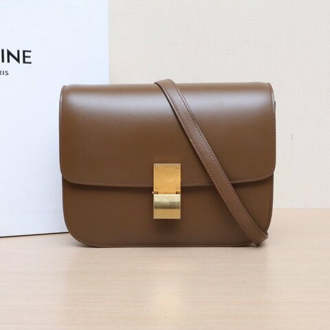 CELINE ClassicBox中號金棕色牛皮金扣肩背包