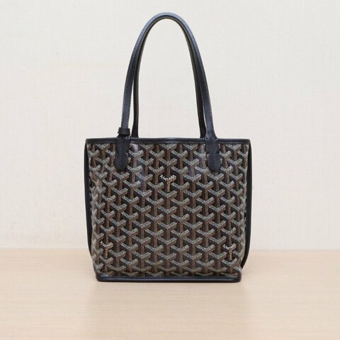 GOYARD Anjou雙面購物袋Mini20黑色牛皮/帆布銀扣牛皮帆布肩背包