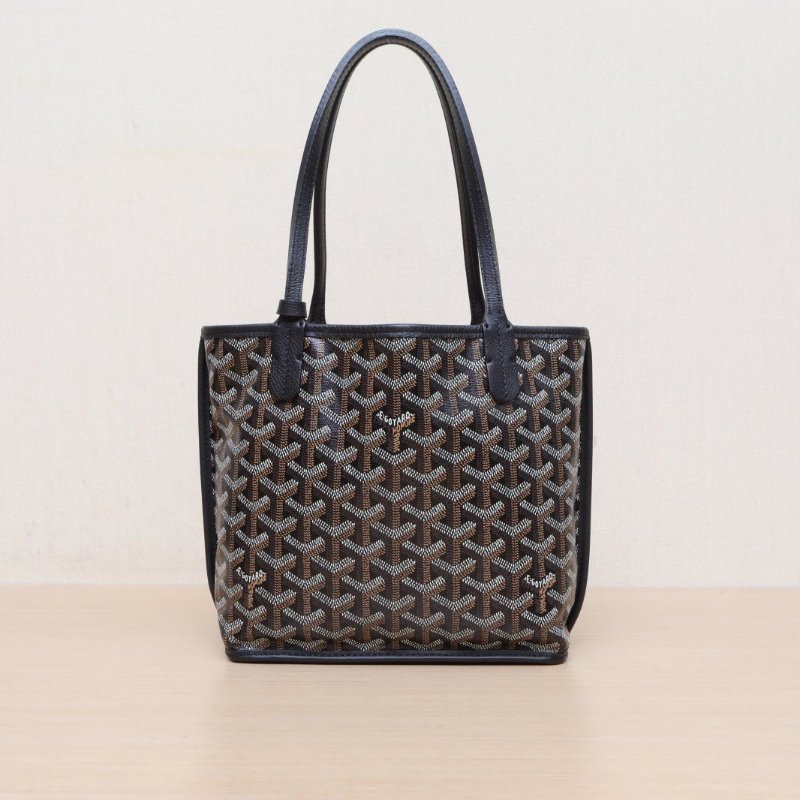 GOYARD Anjou雙面購物袋Mini20黑色牛皮/帆布銀扣牛皮帆布肩背包-0