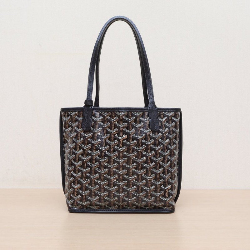 GOYARD Anjou雙面購物袋Mini20黑色牛皮/帆布銀扣牛皮帆布肩背包-1