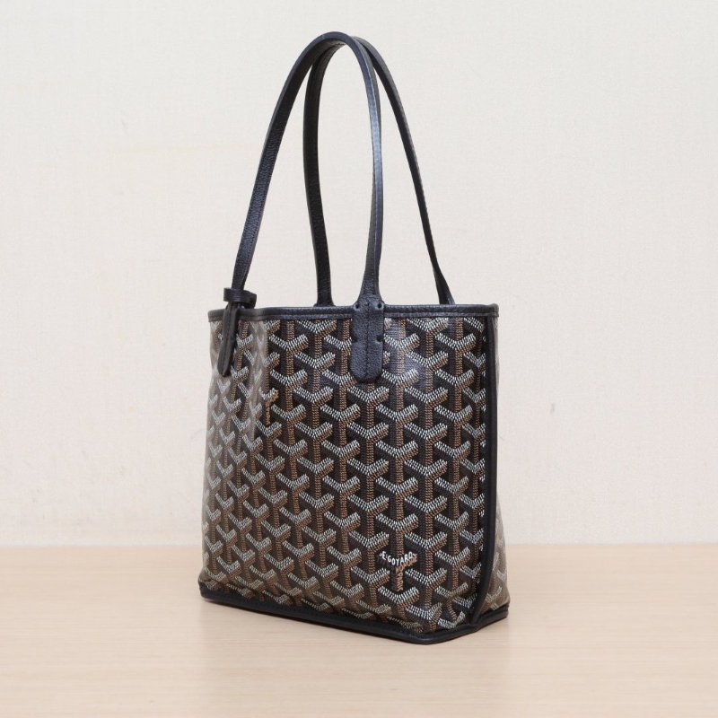 GOYARD Anjou雙面購物袋Mini20黑色牛皮/帆布銀扣牛皮帆布肩背包-4