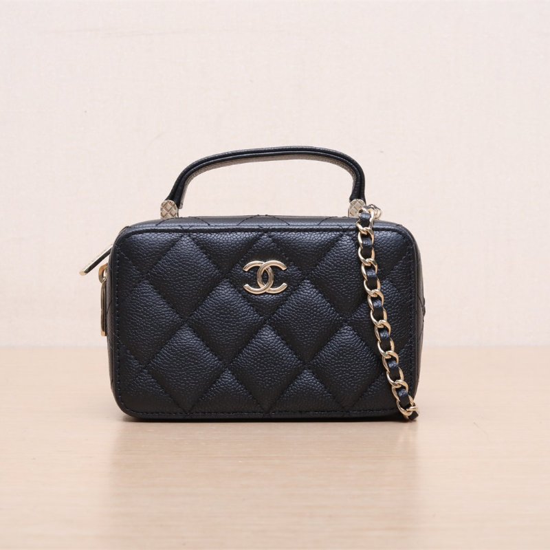 CHANEL 22P手提相機包帶鏡子13.5黑色荔枝牛皮31開金扣皮手柄肩背包-1