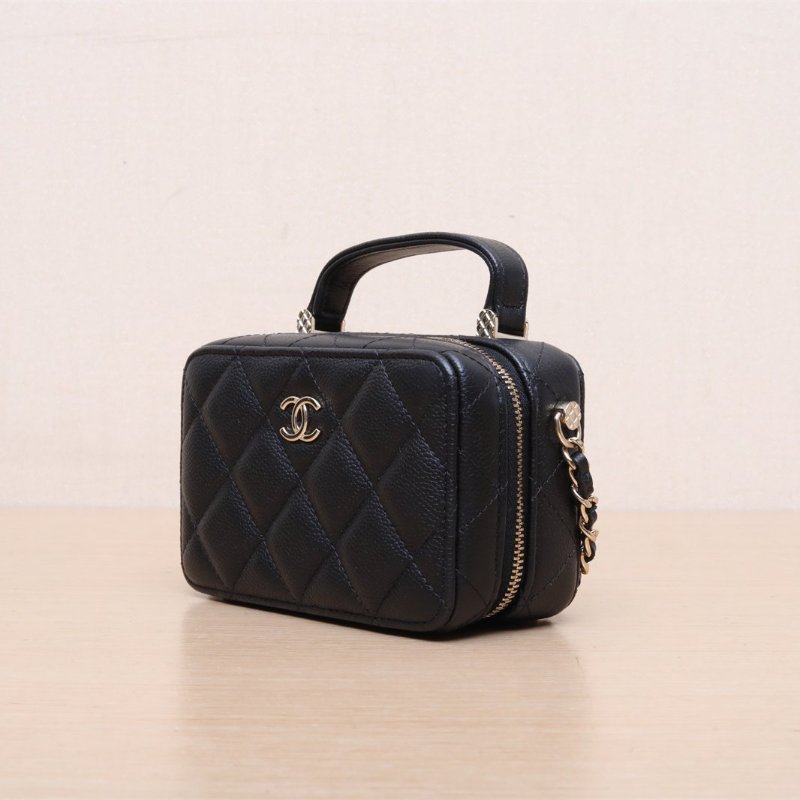 CHANEL 22P手提相機包帶鏡子13.5黑色荔枝牛皮31開金扣皮手柄肩背包-3