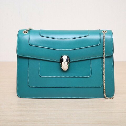 BVLGARI SerpentiForever風琴蛇頭包橫版28無手柄綠色牛皮肩背包