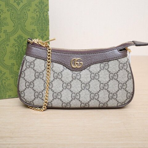 GUCCI Ophidia腋下包迷你19烏木色牛皮/PVC金扣肩背包