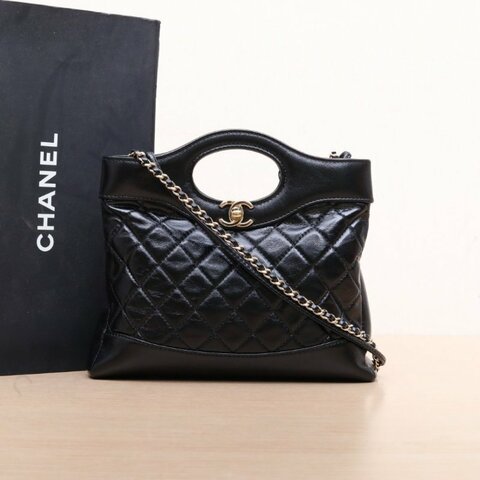 CHANEL 31BagMini22黑色羊皮晶片開金扣肩背包