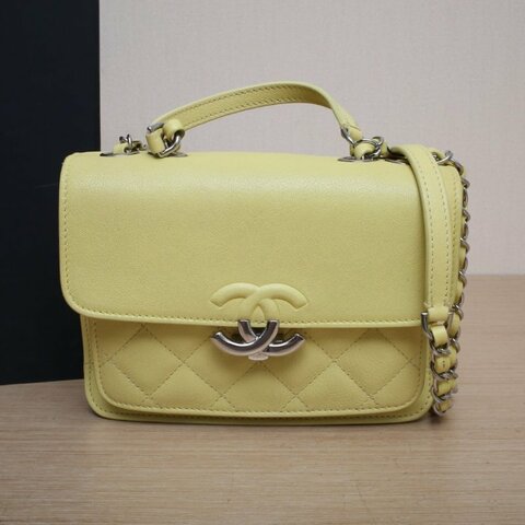 CHANEL 古巴扣菱格紋單肩手提郵差包黃色牛皮25開銀扣肩背包