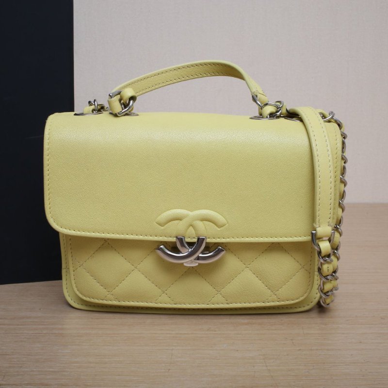 CHANEL 古巴扣菱格紋單肩手提郵差包黃色牛皮25開銀扣肩背包-0