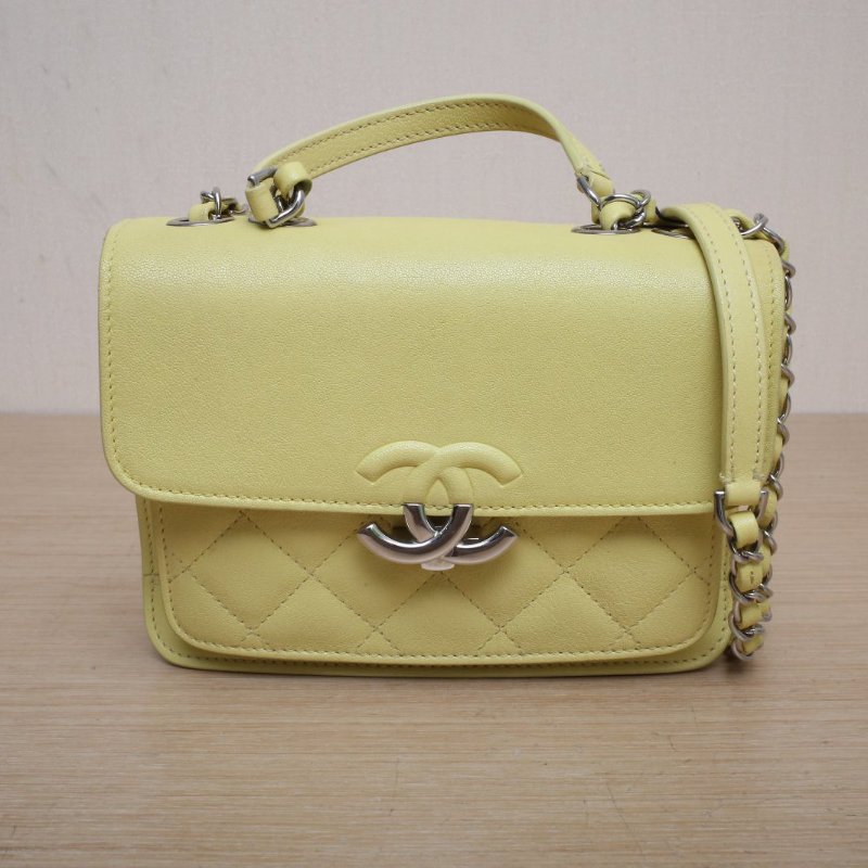 CHANEL 古巴扣菱格紋單肩手提郵差包黃色牛皮25開銀扣肩背包-1